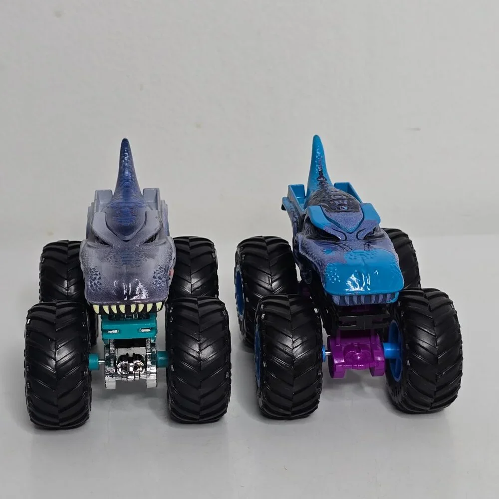 2 Hot Wheels Mega Wrex Monster Jam Trucks Lot Dinosaur 1:64 Blue Diecast